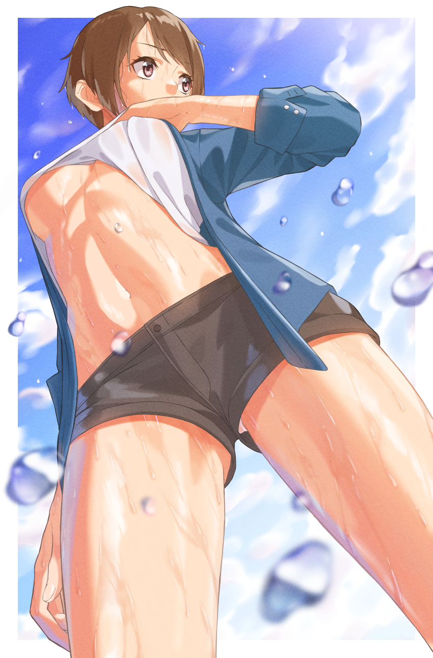 1girl absurdres bad_id bad_pixiv_id banana_oekaki blush breasts brown_eyes brown_hair brown_shorts from_below highres huge_filesize medium_breasts navel no_bra panties seto_akari shirt short_hair short_shorts shorts sky solo thighs underboob underwear upshorts urasekai_picnic wet white_panties white_shirt