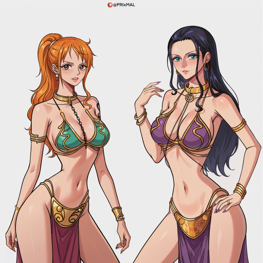 2girls ai-assisted armlet black_hair bracelet breasts brown_eyes chain collar contrapposto cosplay earrings female_focus hand_on_own_hip high_ponytail highres hoop_earrings hot huttslayer_leia jewelry large_breasts long_hair midriff multiple_girls nami_(one_piece) navel nico_robin non-web_source one_piece orange_hair orange_nails pelvic_curtain ponytail princess_leia princess_leia_(cosplay) prixmal purple_nails slave thick_thighs thighs