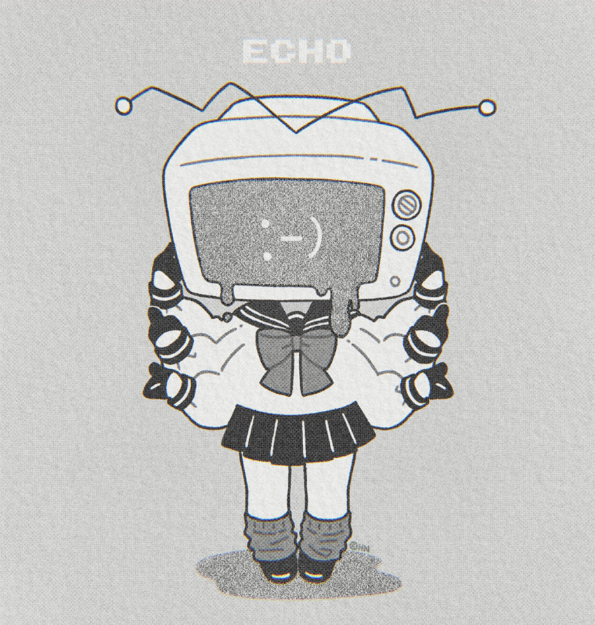 1girl bow commentary echo_(vocaloid) extra_arms film_grain gloves greyscale half_gloves hands_up highres hn_(artist) long_sleeves loose_socks middle_finger miniskirt monochrome object_head pleated_skirt primadonna_(echo) sailor_collar school_uniform shirt_bow skirt socks solo standing straight-on symbol-only_commentary television vocaloid