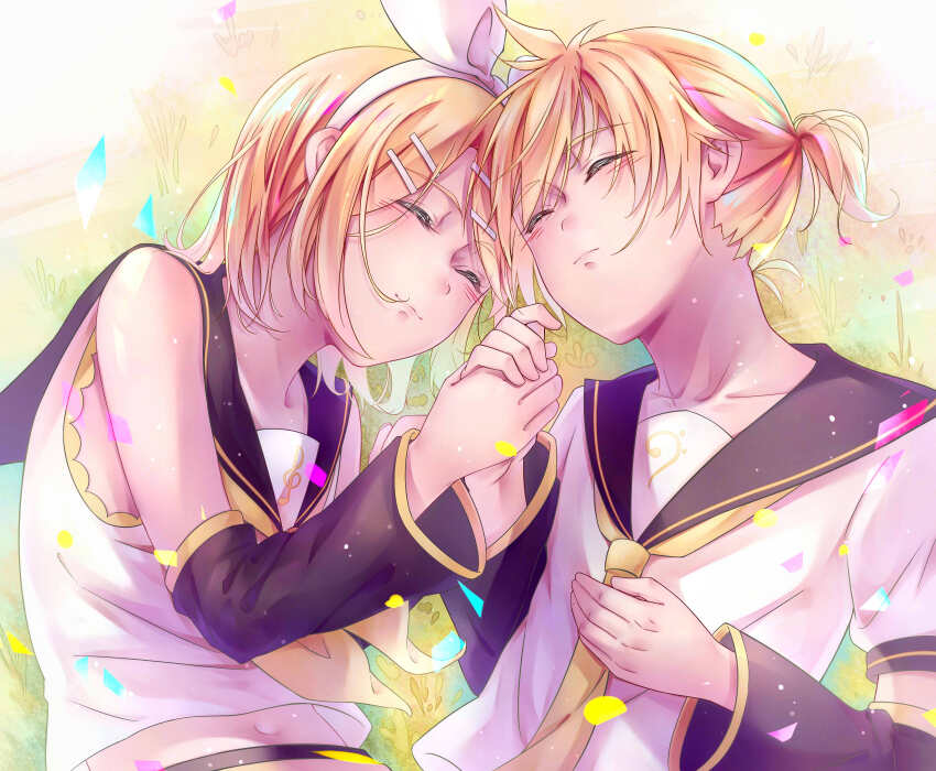 1boy 1girl arm_warmers black_sailor_collar blonde_hair blush bow brother_and_sister closed_eyes grass holding_hands kagamine_len kagamine_rin musical_note neckerchief necktie ponytail sailor_collar shirt siblings sleeping sleeveless sleeveless_shirt smile vocaloid white_shirt yellow_neckerchief yellow_necktie