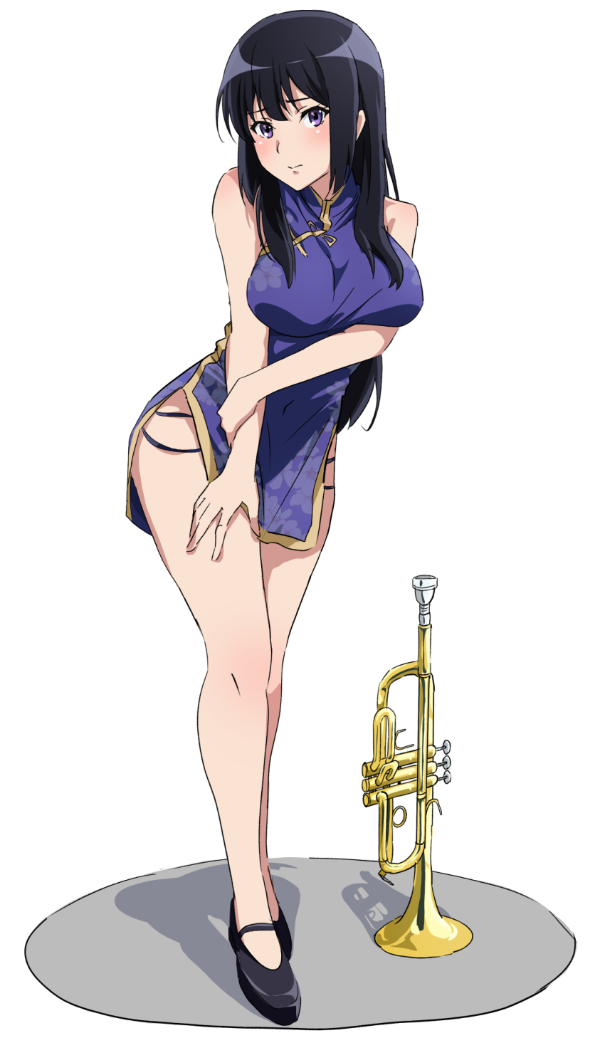 1girl arm_under_breasts bare_shoulders black_hair breasts china_dress chinese_clothes closed_mouth dress full_body gold_trim hatenoga hibike!_euphonium high_heels highres instrument kousaka_reina looking_at_viewer medium_breasts short_dress simple_background solo thighs trumpet white_background
