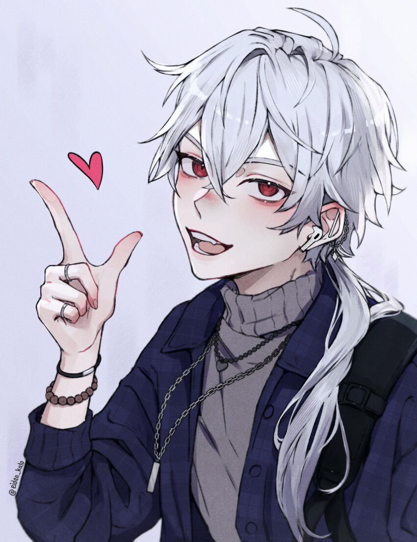 1boy :d aegyo_sal arm_up blush bracelet crossed_bangs eiden_kato hair_between_eyes hair_over_shoulder heart highres jacket jewelry l_hand looking_at_viewer low_ponytail male_focus multiple_rings necklace nose_blush open_mouth ponytail red_eyes ring smile solo stray_hair susanghan_messenger sweater turtleneck turtleneck_sweater upper_body white_background white_hair white_jacket zen_(susanghan_messenger)