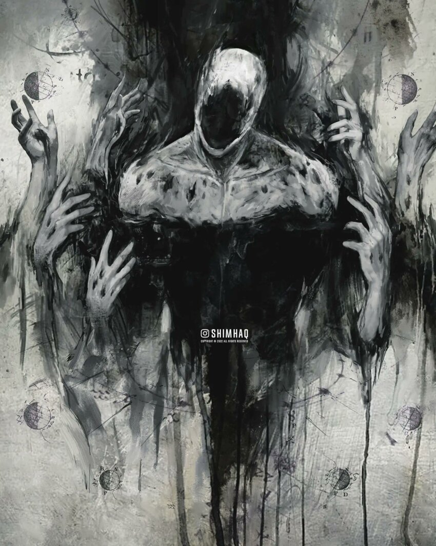 1boy artist_name colored_skin commentary dark_background disembodied_hand english_commentary faceless faceless_male facing_viewer grey_background highres horror_(theme) male_focus marvel shimhaq solo spider-man:_across_the_spider-verse spider-man_(series) spider-verse spot_(marvel) surrounded_by_hands upper_body white_skin