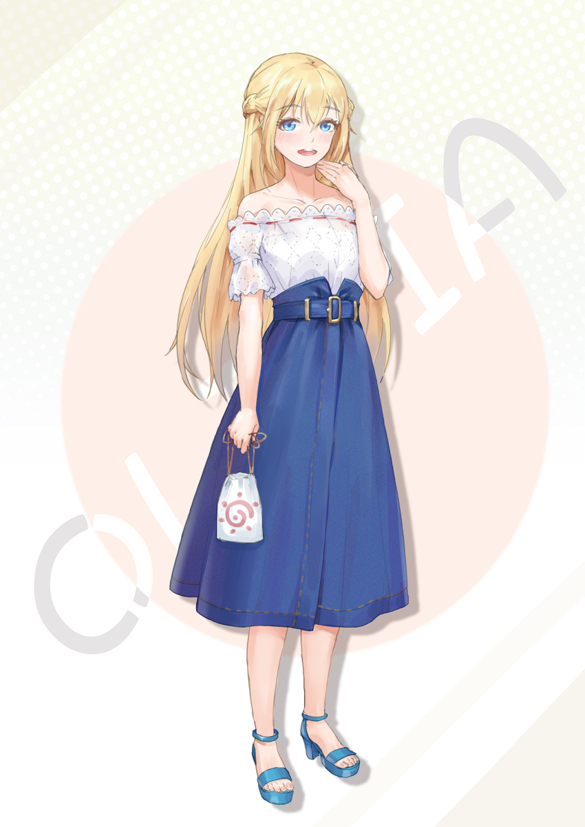 10s 1girl asobi_asobase bag bare_shoulders belt blonde_hair blue_belt blue_eyes blue_sandals blue_skirt blush collarbone female_focus hair_between_eyes half_updo handbag highres k.l_(kuilei_c) long_hair long_skirt looking_at_viewer mechanical_pencil off-shoulder_shirt off_shoulder olivia_(asobi_asobase) open_mouth pencil sandals shirt short_sleeves skirt smile solo very_long_hair white_shirt