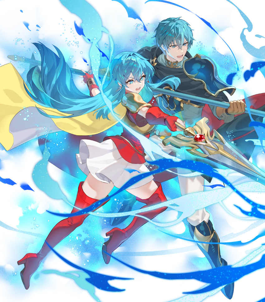 1girl aqua_eyes aqua_hair armor attack aura boots breastplate brother_and_sister cape eirika_(fire_emblem) ephraim_(fire_emblem) fingerless_gloves fire_emblem fire_emblem_engage fire_emblem_heroes gloves high_heel_boots high_heels highres holding holding_sword holding_weapon long_hair lunge multicolored_cape nintendo non-web_source official_art open_mouth polearm red_gloves shoulder_pads siblings skirt solo sword thigh_boots twins v-shaped_eyebrows weapon white_cape white_skirt yellow_cape