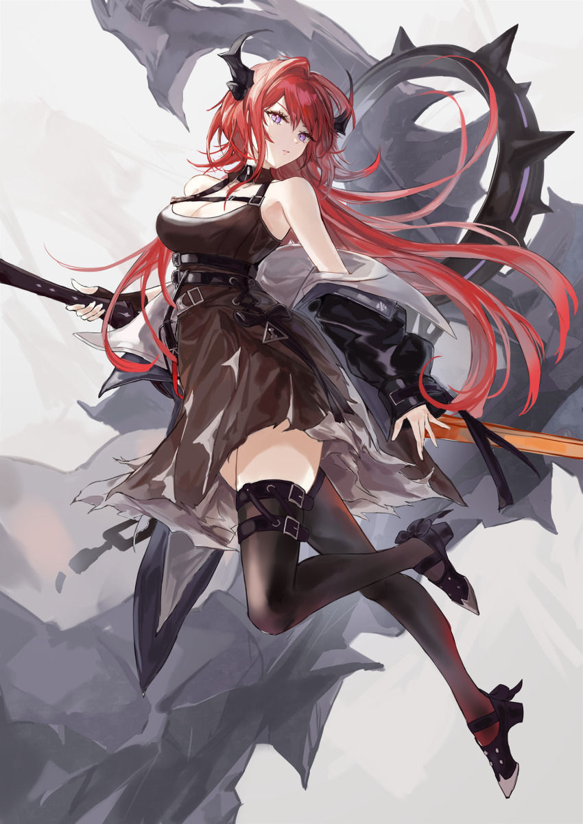 1girl arknights armpits bare_shoulders black_dress black_gloves black_jacket black_shoes black_thighhighs breasts cleavage dress fingerless_gloves floating_hair full_body gloves high_heels highres holding holding_sword holding_weapon horns jacket kachi large_breasts leg_belt long_hair long_sleeves looking_at_viewer off_shoulder open_clothes open_jacket purple_eyes red_hair reverse_grip shoes short_dress sleeveless sleeveless_dress solo surtr_(arknights) sword thighhighs thighs torn_clothes torn_dress very_long_hair weapon zettai_ryouiki