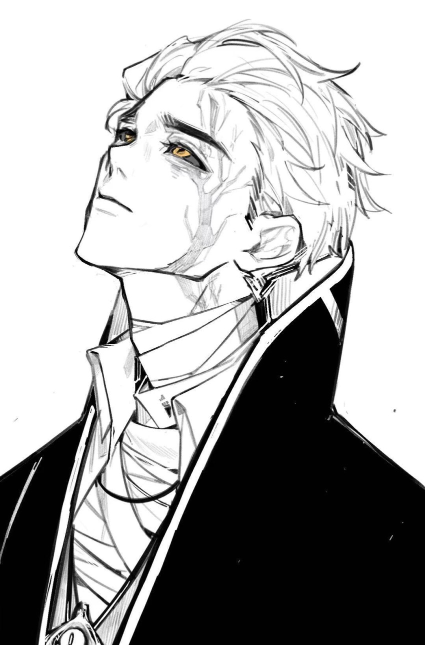 1boy adam&#039;s_apple alva_lorenz bandaged_neck bandages closed_mouth eyelashes highres identity_v jewelry lips looking_up male_focus monochrome necklace scar scar_on_face scar_on_neck short_hair simple_background solo spot_color upper_body xiao_chanmao_ban_fan_fan yellow_eyes