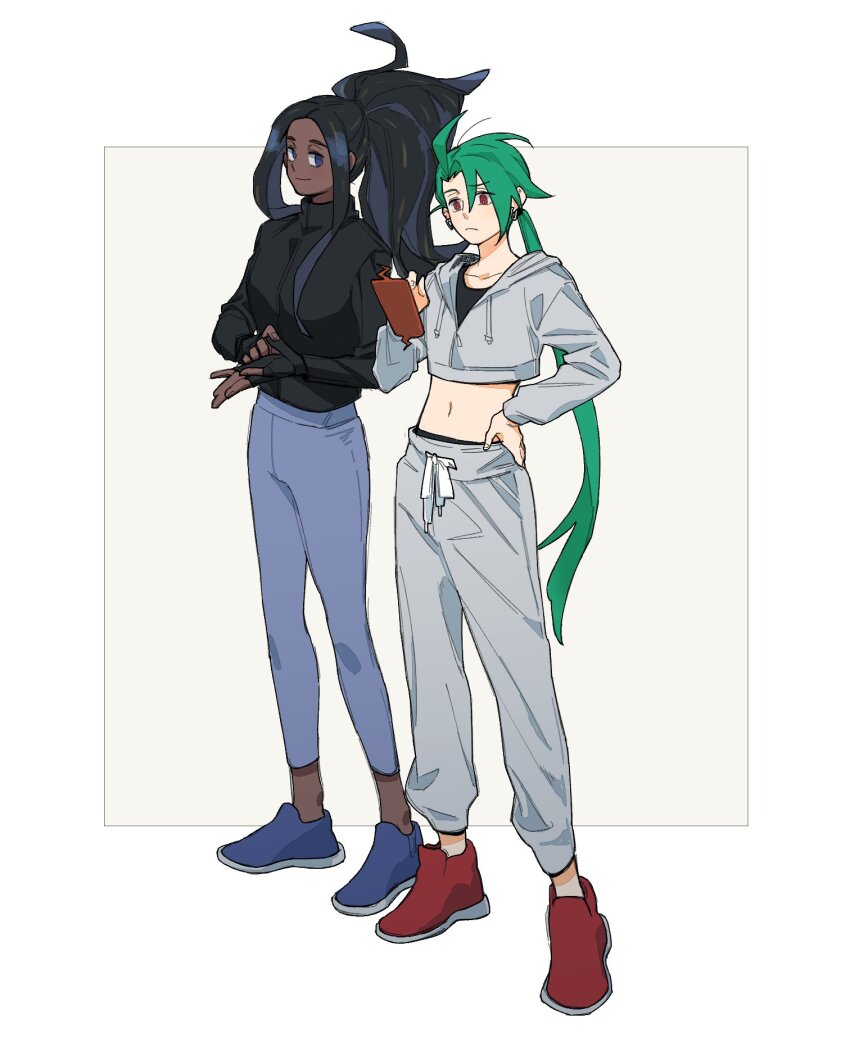 2girls alternate_costume alternate_hairstyle black_gloves black_hair black_jacket blue_eyes blue_footwear blue_pants border crop_top dark-skinned_female dark_skin di_good_0123 drawstring full_body geeta_(pokemon) gen_4_pokemon gloves green_hair grey_background grey_jacket grey_pants hand_on_own_hip highres jacket leggings long_hair low_ponytail multiple_girls navel nintendo outside_border pants pokemon pokemon_sv ponytail red_eyes red_footwear rika_(pokemon) rotom rotom_phone simple_background smile standing track_jacket track_pants white_border