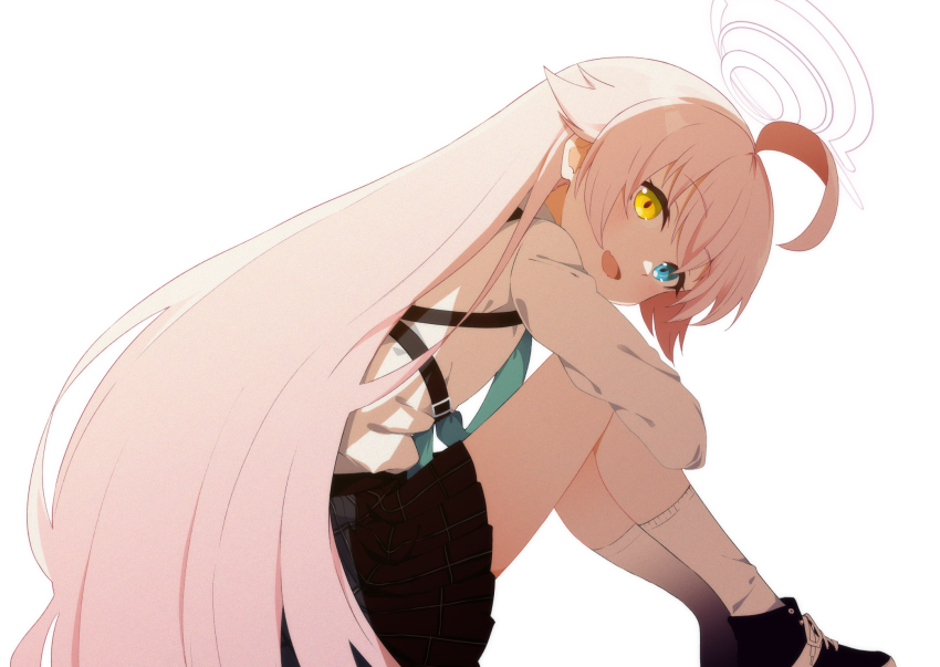 1girl ahoge black_shoes black_skirt blue_archive blue_eyes blue_necktie blush fang halo heterochromia highres hoshino_(blue_archive) hugging_own_legs knees_up long_hair long_sleeves looking_at_viewer looking_to_the_side necktie open_mouth pink_hair pleated_skirt shirt shirt_tucked_in shoes simple_background sitting skin_fang skirt smile sneakers socks solo tsukamoto_minori very_long_hair white_background white_shirt white_socks yellow_eyes