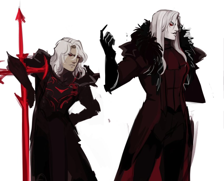 2boys absurdres alternate_costume armor black_armor black_gloves black_pants black_sclera coat colored_sclera devilatelier from_side gloves grey_background highres index_finger_raised league_of_legends long_hair long_sleeves looking_at_another male_focus medium_hair multiple_boys pale_skin pants planted planted_sword planted_weapon red_eyes simple_background sword teeth viego_(league_of_legends) vladimir_(league_of_legends) weapon