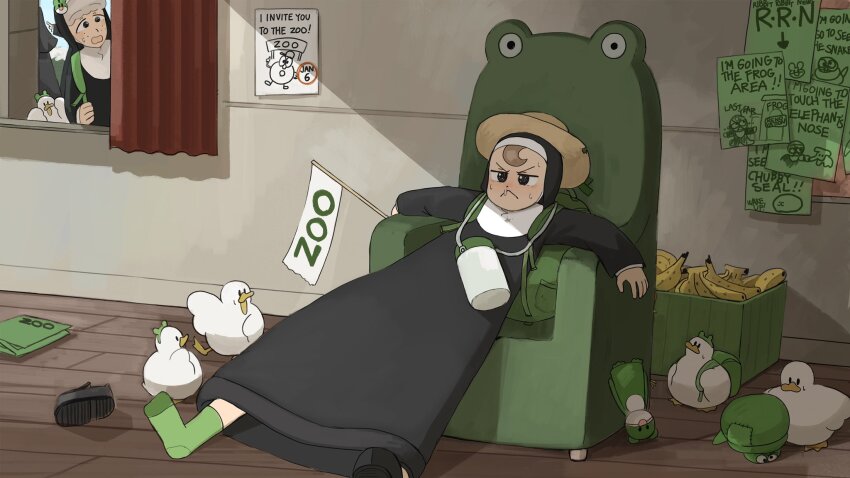 3girls :&lt; backpack bag banana bird black_footwear brown_hair chair chicken commentary diva_(hyxpk) duck english_commentary food freckles frog_headband froggy_nun_(diva) fruit green_bag green_socks grey_hair habit hat highres little_nuns_(diva) multiple_girls nun poster_(object) sheep_nun_(diva) shoes single_shoe sitting slice_of_life snot socks traditional_nun unworn_footwear worried