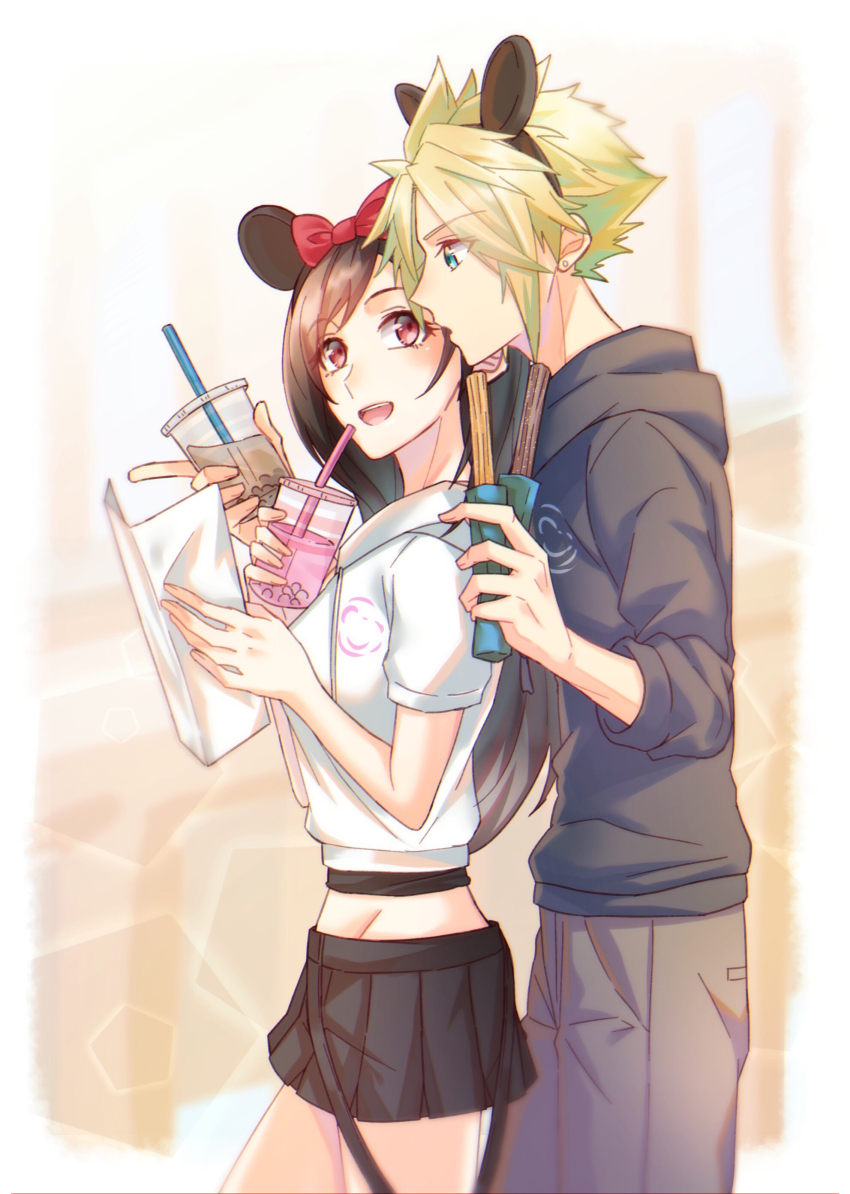 1boy 1girl absurdres alternate_costume black_hair black_hoodie black_skirt blonde_hair blue_eyes blush bow breasts bubble_tea cloud_strife commentary_request cowboy_shot cup disneyland disposable_cup drink drinking_straw earrings final_fantasy final_fantasy_vii from_side grey_pants groin height_difference highres holding holding_cup holding_drink holding_map hood hood_down hoodie jewelry long_hair looking_at_another map medium_breasts mickey_mouse_ears midriff_peek miniskirt mizuamememe open_mouth pants pleated_skirt profile red_bow red_eyes skirt spiked_hair stud_earrings swept_bangs tifa_lockhart white_hoodie