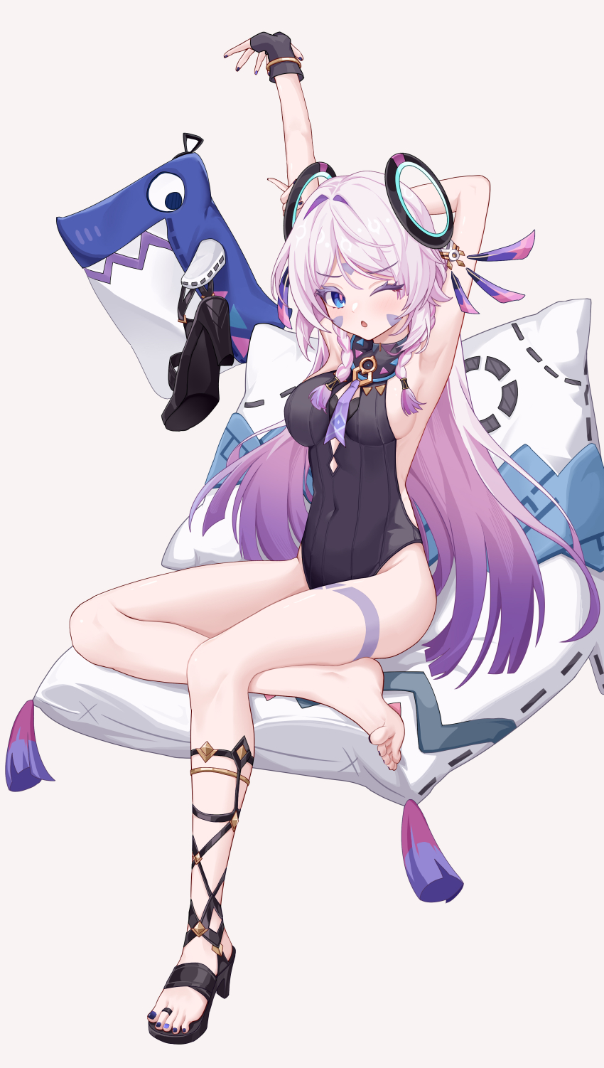 1girl :o absurdres aichinaigai arm_behind_head armpits arms_up bare_legs black_gloves black_leotard black_nails black_sandals blue_eyes braid breasts citlali_(genshin_impact) commentary_request covered_navel facial_mark feet fingerless_gloves floating_headgear forehead_mark genshin_impact gloves gradient_hair headgear highres large_breasts leotard long_hair looking_at_viewer low_twin_braids multicolored_hair nail_polish one_eye_closed pink_hair pink_pupils pose_request purple_hair ribbed_leotard sandals sideboob sideless_leotard single_bare_foot sitting solo toenail_polish toenails toes triangle triangle_facial_mark twin_braids very_long_hair