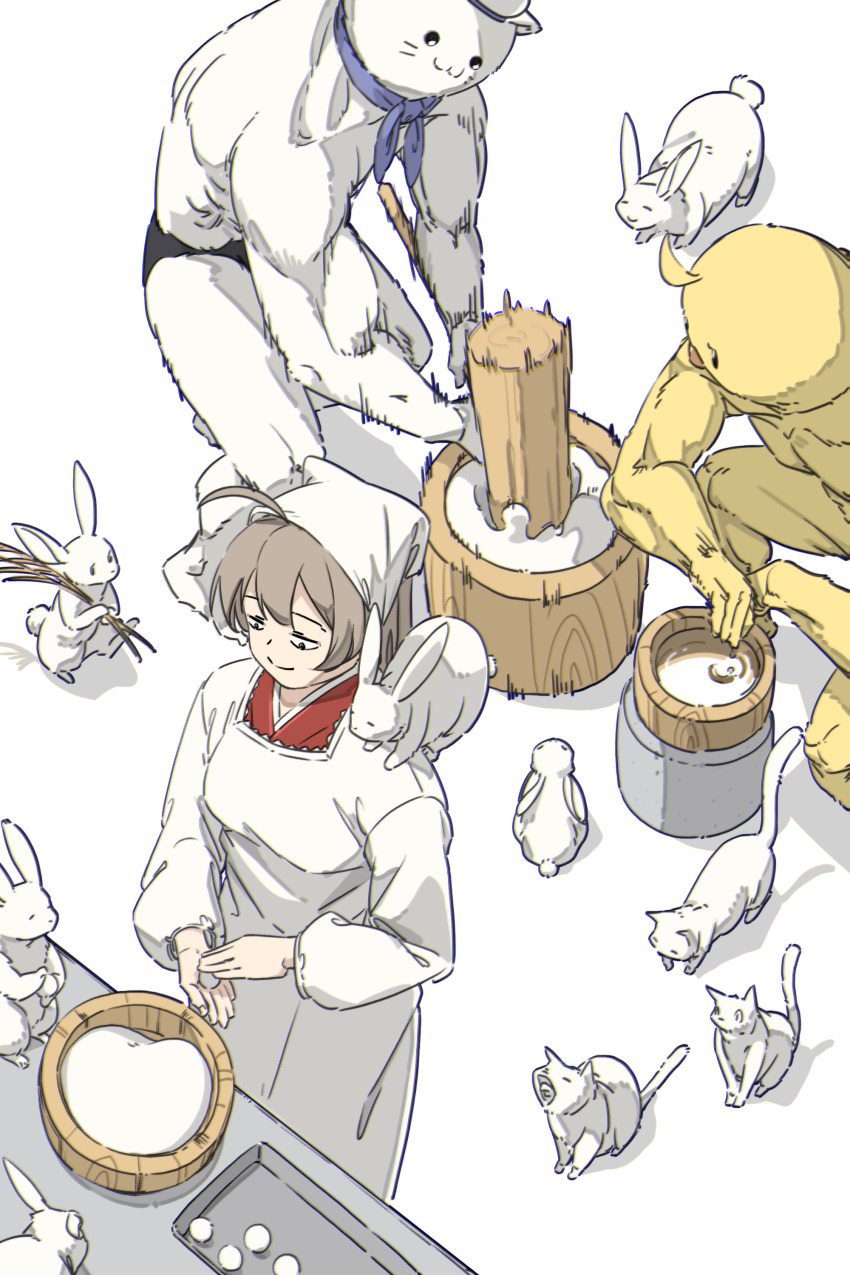 1girl 2others 3others :3 absurdres ahoge animal apron azur_lane brown_hair cat food hatski.sin highres holding japanese_clothes jean_bart_(azur_lane) kappougi kimono kine mallet manjuu_(azur_lane) meowfficer_(azur_lane) mochi multiple_others rabbit red_kimono simple_background smile white_background white_cat