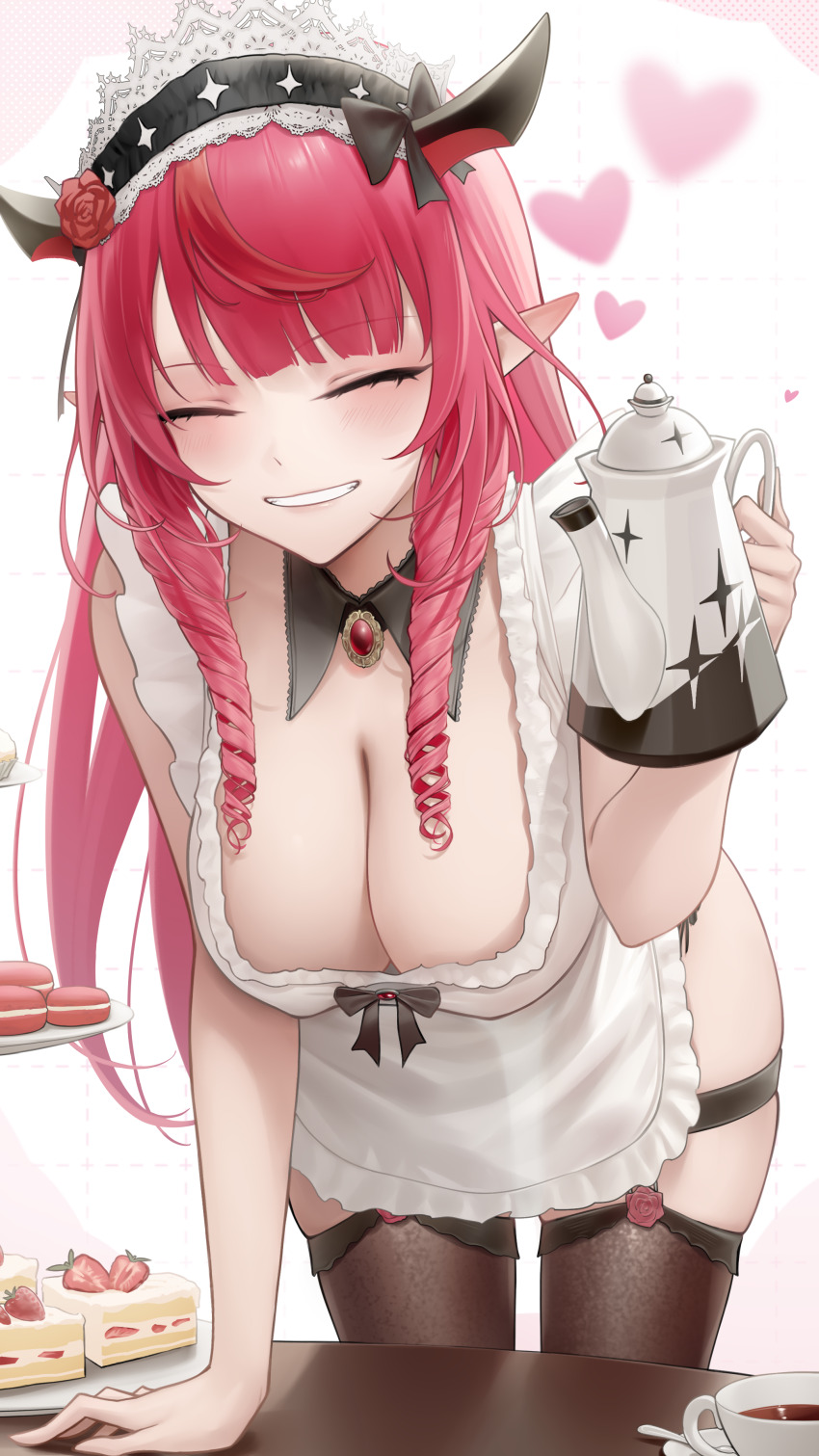 1girl absurdres apron black_horns blush breasts brown_thighhighs cake cake_slice cleavage closed_eyes commentary cup curly_hair english_commentary food grin heart highres holding holding_kettle hololive hololive_english horns irys_(hololive) kettle large_breasts long_hair maid_headdress pink_hair pointy_ears simple_background smile solo somebody_(leiking00) teacup thighhighs thighs virtual_youtuber white_apron white_background