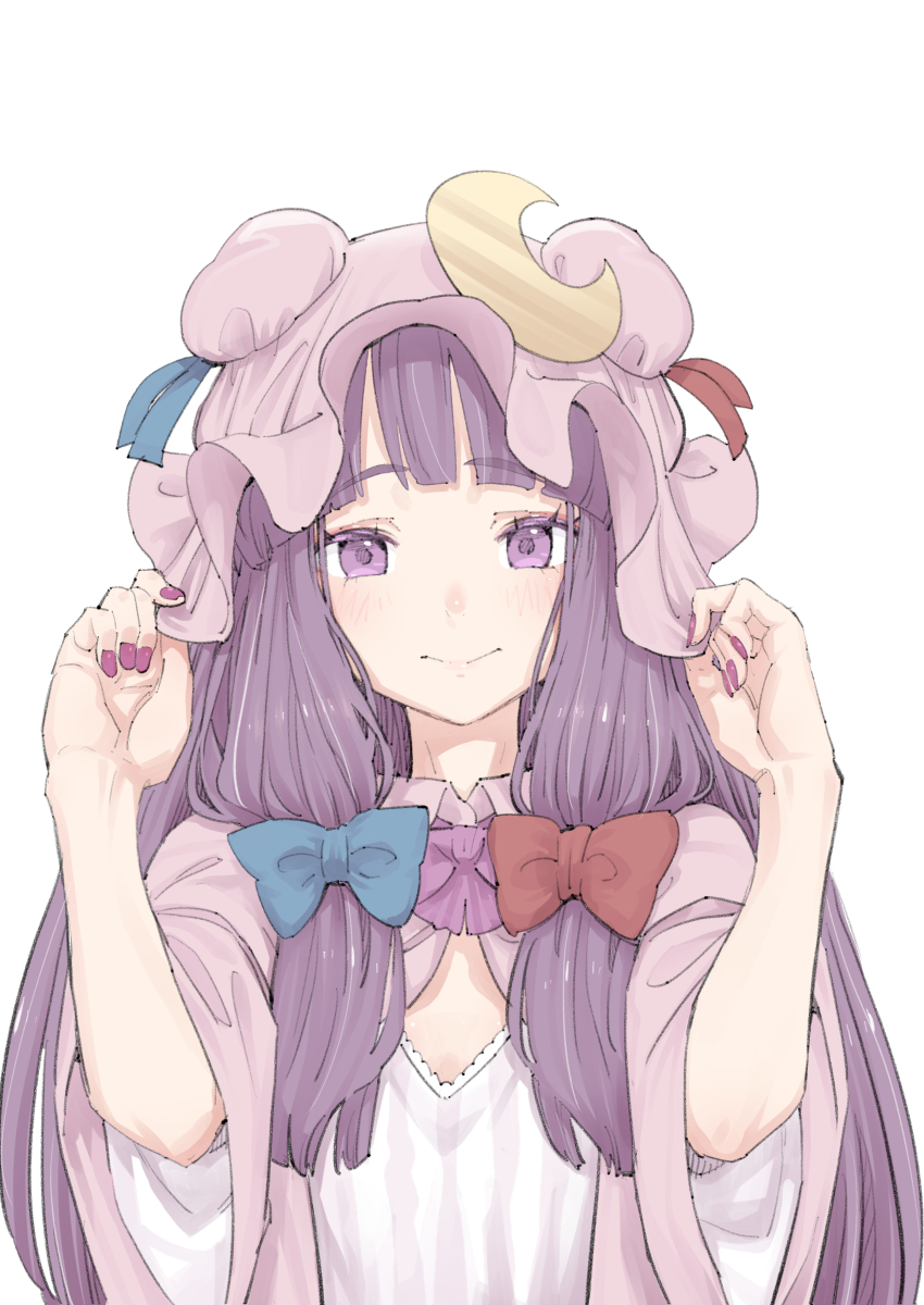 1girl absurdres adapted_costume blue_bow blush bow closed_mouth commentary_request crescent crescent_hat_ornament dress hair_bow hat hat_ornament highres kawayabug long_hair looking_at_viewer mob_cap patchouli_knowledge pink_dress pink_hat purple_eyes purple_hair red_bow simple_background smile solo striped_clothes striped_dress touhou vertical-striped_clothes vertical-striped_dress very_long_hair white_background wide_sleeves
