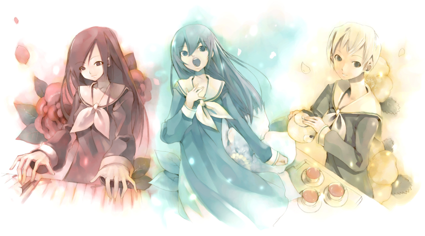 3girls closed_mouth cup dress flower hair_between_eyes hand_on_own_chest hand_up hasekura_rei highres holding holding_teapot instrument kei_(keigarou) lillian_girls&#039;_academy_school_uniform long_hair long_sleeves maria-sama_ga_miteru multiple_girls music neckerchief ogasawara_sachiko open_mouth petals piano playing_instrument playing_piano red_flower sailor_collar sailor_dress saucer school_uniform short_hair smile tea teacup teapot teeth toudou_shimako white_flower yellow_flower