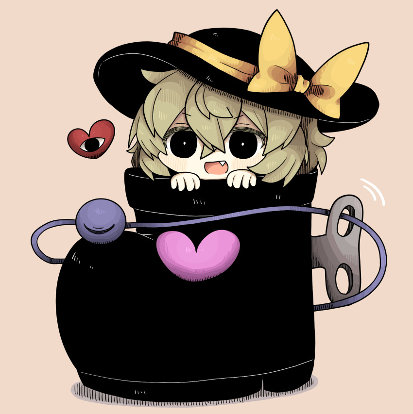 1girl black_boots black_eyes black_hat blush boots bright_pupils crossed_bangs double-parted_bangs empty_eyes fang goomba&#039;s_shoe green_hair hair_between_eyes hat hat_ribbon heart highres komeiji_koishi kuribo&#039;s_shoe mario_(series) medium_hair motion_lines nintendo ribbon short_eyebrows simple_background smile solo super_mario_bros._3 third_eye touhou toy v-shaped_eyebrows white_pupils winding_key yellow_ribbon zunusama