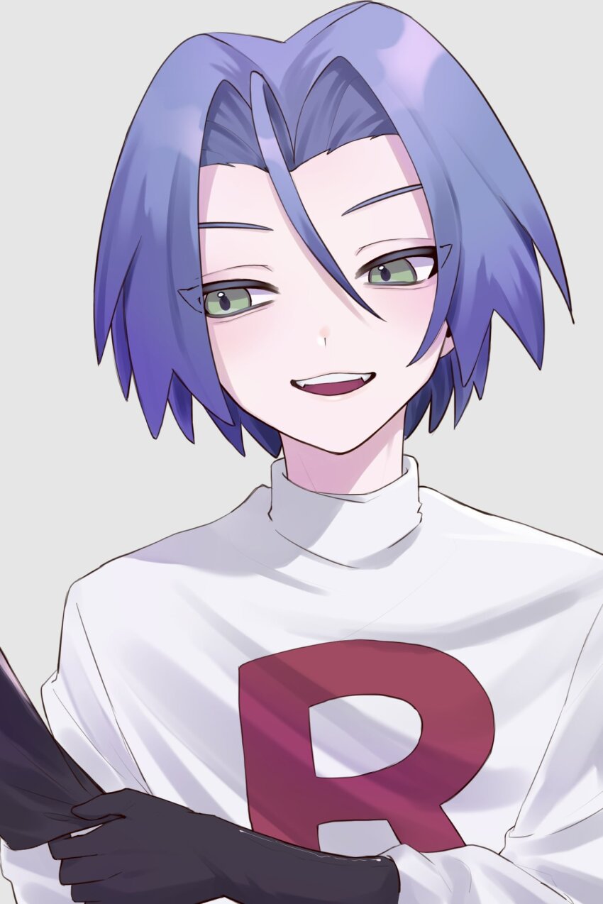 1boy :d adjusting_clothes adjusting_gloves black_gloves blue_hair commentary_request gloves green_eyes grey_background highres jacket james_(pokemon) logo looking_down male_focus na8_8n nintendo open_mouth pokemon pokemon_(anime) short_hair smile solo team_rocket team_rocket_uniform teeth upper_teeth_only white_jacket