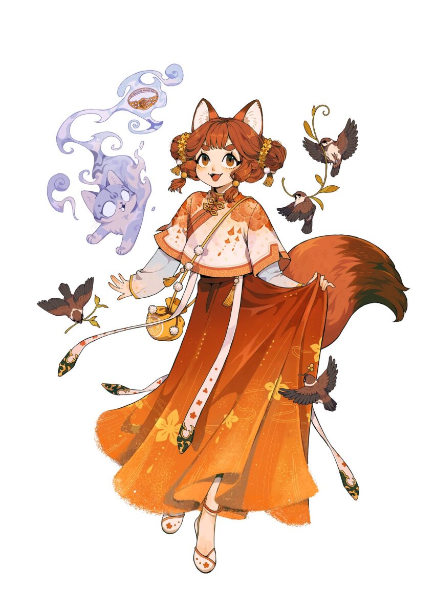 1girl animal_ears aoqun bag bird brown_hair cat chinese_clothes double_bun flats fox_ears fox_girl fox_tail full_body hair_bun hair_ornament hanfu highres juanmao layered_sleeves long_sleeves mandarin_collar orange_hanfu original pom_pom_(clothes) pom_pom_bag pom_pom_hair_ornament shanghai_neckline shoulder_bag solo tail