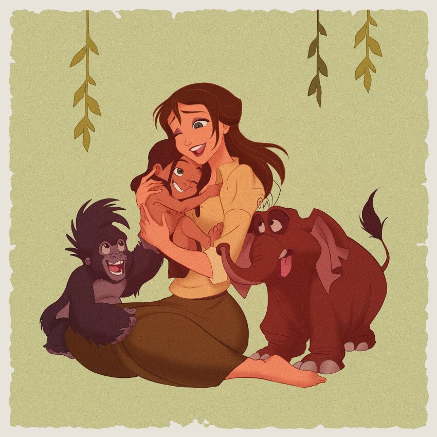 2boys 2girls black_hair brown_hair dark-skinned_male dark_skin dress elephant highres jane_porter long_hair mizala monkey multiple_boys multiple_girls open_mouth short_hair smile tantor_(disney) tarzan_(disney) tarzan_(disney_movie) terk_(tarzan)