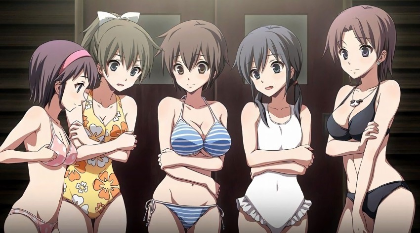 5girls bikini black_bikini breasts brown_eyes brown_hair casual_one-piece_swimsuit cleavage corpse_party earrings game_cg hair_ornament hair_ribbon hairband jewelry kirisaki_touko large_breasts medium_breasts mochida_yuka multiple_girls nakashima_naomi navel necklace one-piece_swimsuit open_mouth oversized_clothes pink_bikini polka_dot polka_dot_bikini ponytail ribbon shinozaki_ayumi shishido_yui short_hair short_twintails side-tie_bikini_bottom small_breasts striped_bikini striped_clothes swimsuit twintails underboob white_one-piece_swimsuit white_ribbon