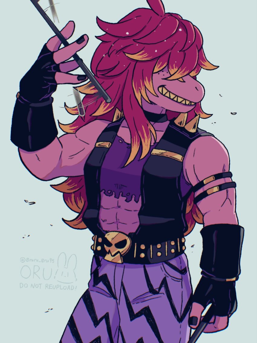 1girl abs belt black_gloves blue_background colored_skin commentary deltarune english_commentary gloves highres long_hair muscular muscular_female oru_(0ruru_0ru95) pants pink_skin purple_pants reptile_girl sharp_teeth simple_background solo susie_(deltarune) teeth