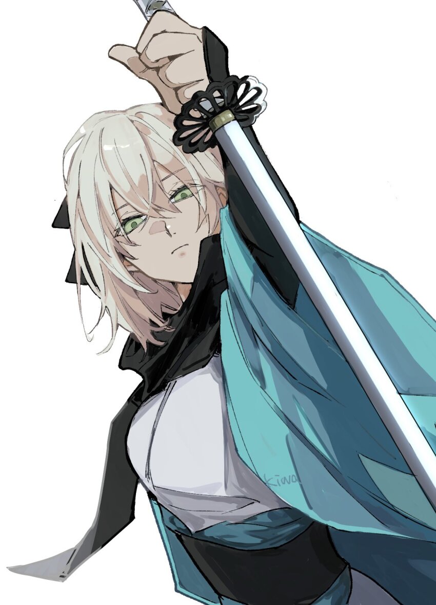 1girl black_ribbon black_scarf blonde_hair commentary_request fate/grand_order fate_(series) hair_between_eyes hair_ribbon haori hashtag-only_commentary highres holding holding_sword holding_weapon japanese_clothes katana ki_wa001 kimono koha-ace looking_at_viewer okita_souji_(fate) okita_souji_(koha-ace) ribbon scarf shinsengumi short_hair simple_background solo sword weapon white_background white_kimono wide_sleeves