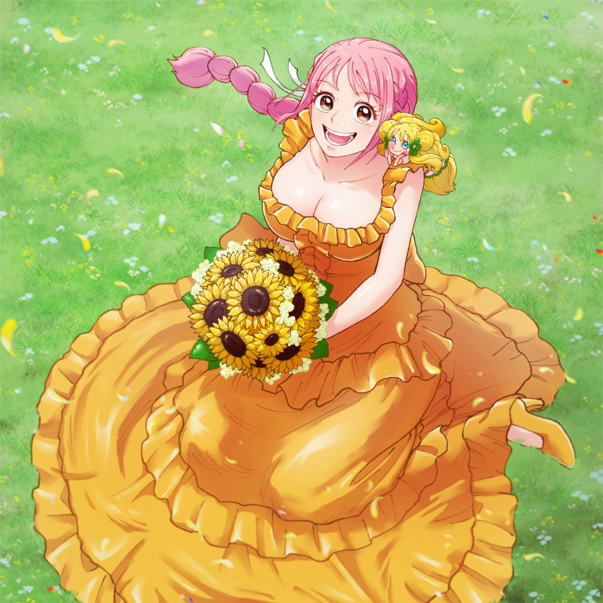 2girls absurdres bouquet braid braided_ponytail breasts cleavage dress dressrosa flower frilled_dress frills grass high_heels highres large_breasts looking_up mansherry_(one_piece) multiple_girls on_ground one_piece pink_hair rebecca_(one_piece) smile sunflower tagawa_jiro yellow_dress