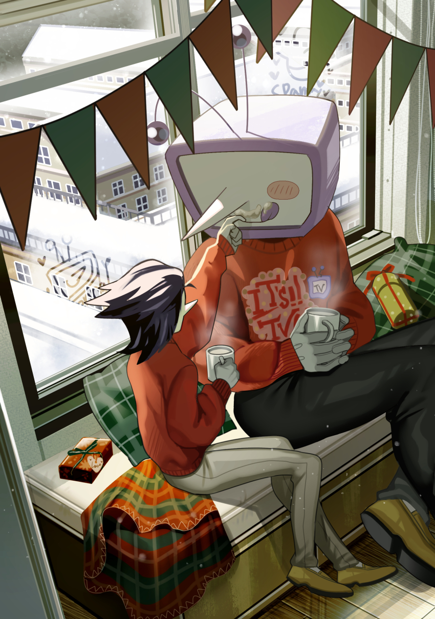 2boys absurdres ant_tenna black_pants blush_stickers box building colored_skin crt cup deltarune gift gift_box gloves highres holding holding_cup indoors long_nose looking_at_another male_focus multiple_boys object_head pants pillow pointy_nose print_sweater radio_antenna red_sweater shoes single_blush_sticker sitting snow solo spamton_g._spamton spamton_g._spamton_(big_shot) steaming_cup string_of_flags sweater tongue tongue_out utdr_(toby_fox) valve_core white_gloves white_pants white_skin yaoi yellow_shoes