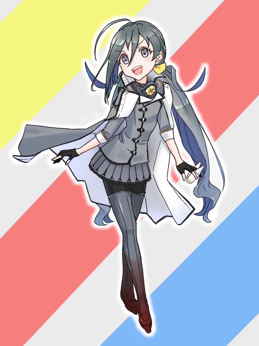 absurdres ahoge black_gloves cape ceroliz cosplay fingerless_gloves gloves grey_eyes grey_hair grey_pantyhose grey_shirt grey_skirt hair_between_eyes hair_bun highres kantai_collection kiyoshimo_(kancolle) looking_at_viewer low_twintails musashi_(kancolle) musashi_(kancolle)_(cosplay) musashi_kai_ni_(kancolle) musashi_kai_ni_(kancolle)_(cosplay) pantyhose rudder_footwear shirt single_hair_bun skirt smile striped_background twintails white_cape