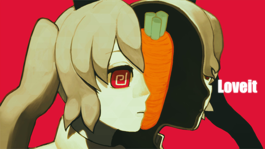1girl @_@ carrot closed_mouth commentary_request eiri7hamono grey_hair hatsune_miku highres long_hair loveit_(vocaloid) official_art portrait red_background red_eyes simple_background solo song_name split_head twintails video_thumbnail vocaloid