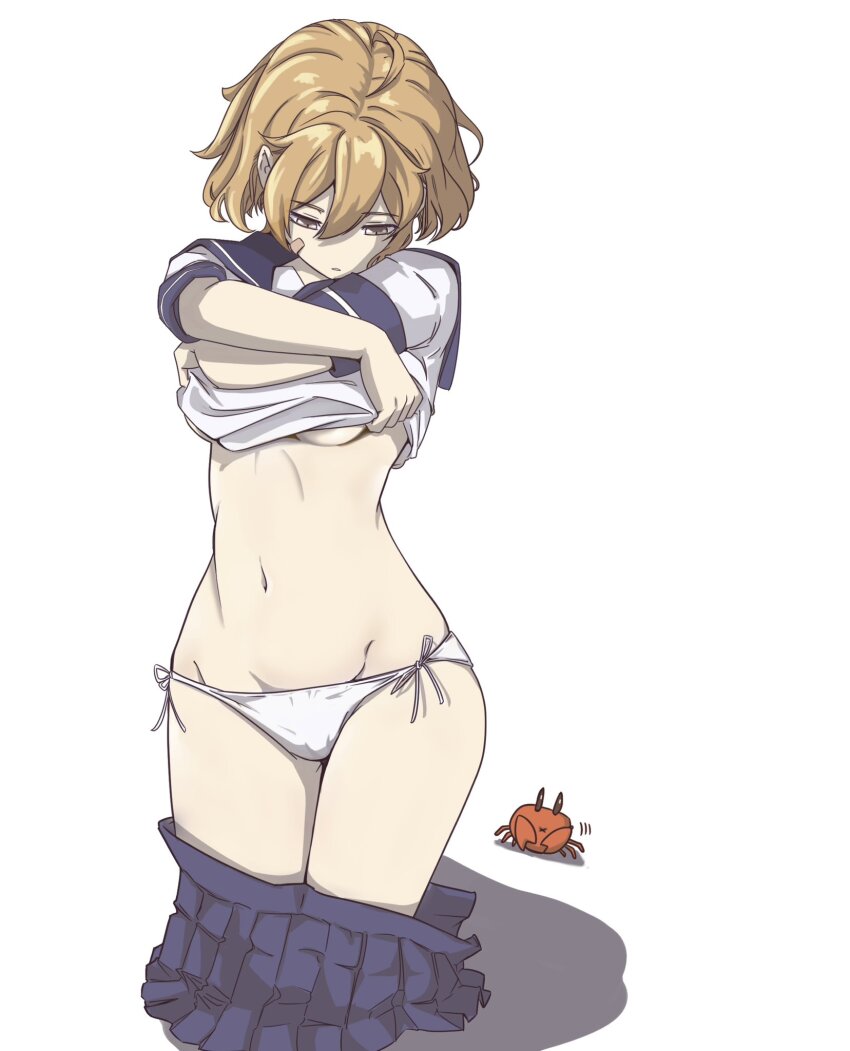 1girl ahoge bandaid bandaid_on_face blue_skirt breasts brown_eyes chakoru crab highres kantai_collection light_brown_hair oboro_(kancolle) panties sailor_collar sailor_shirt school_uniform serafuku shirt side-tie_panties simple_background skirt solo underboob underwear undressing white_background white_panties white_shirt