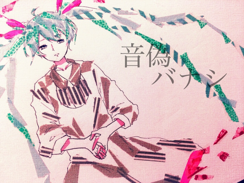 1girl absurdres aqua_hair asagi_kino collarbone collared_dress commentary_request cowboy_shot dress dutch_angle hair_between_eyes hair_ribbon half-closed_eyes hatsune_miku highres light_frown long_hair looking_at_viewer masking_tape_(medium) mixed_media otogibanashi_(vocaloid) own_hands_clasped own_hands_together photo_(medium) pink_ribbon ribbon sidelocks solo song_name straight-on three-quarter_sleeves traditional_media unconventional_media very_long_hair vocaloid white_background white_dress