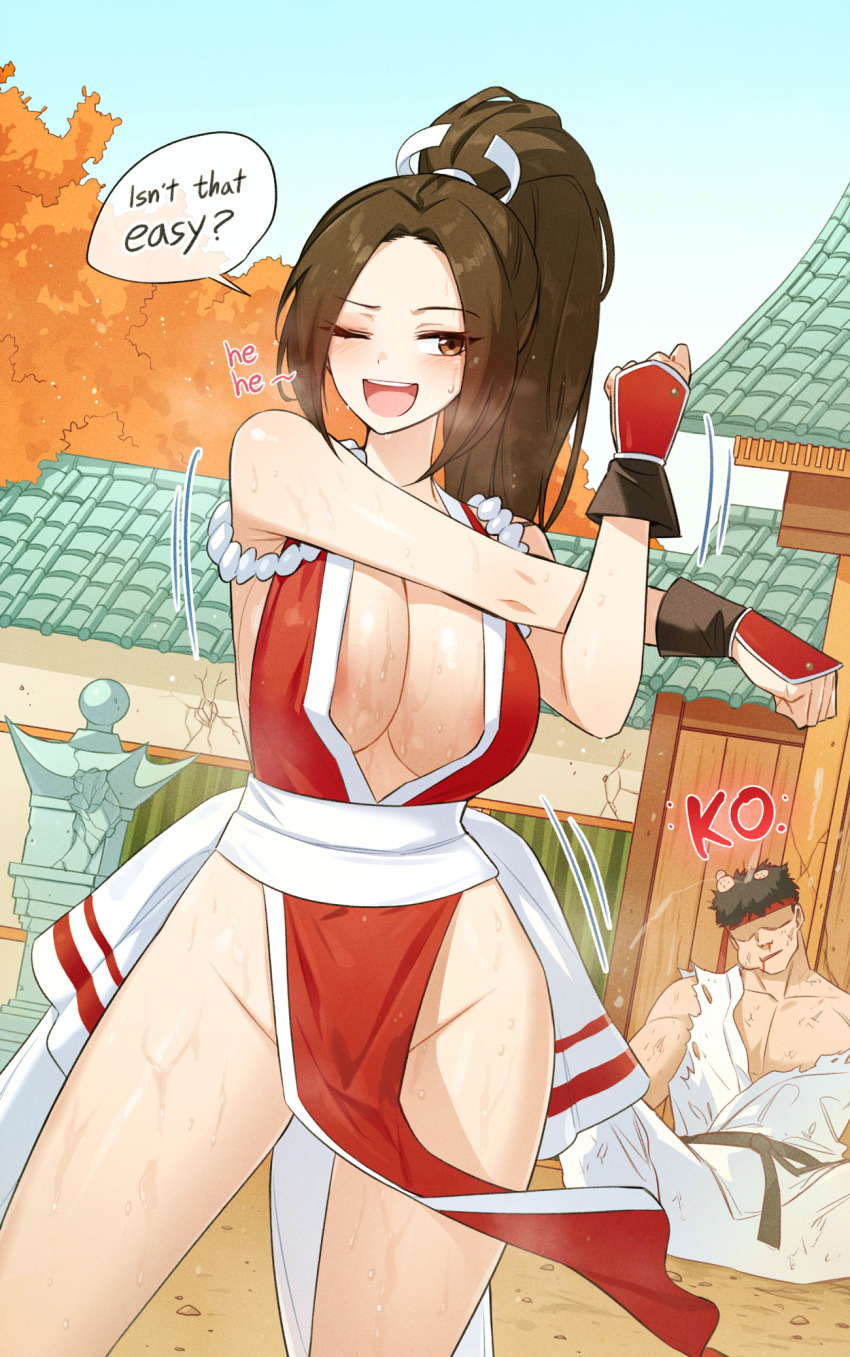 1boy 1girl ;d biel666 blood blood_on_face breasts brown_eyes brown_hair cleavage day defeat dougi dutch_angle english_text fatal_fury head_bump headband high_ponytail highres k.o. large_breasts long_hair looking_at_another motoyui ninja no_bra one_eye_closed open_mouth outdoors parted_bangs pectorals pelvic_curtain ponytail red_headband revealing_clothes revision ryu_(street_fighter) shiranui_mai short_hair smile speech_bubble street_fighter street_fighter_6 sweat the_king_of_fighters unconscious wrist_guards