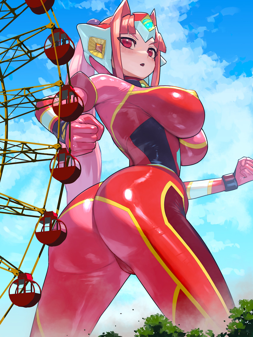 1girl ass blue_sky blush bodysuit breasts building city clenched_hand clenched_hands cloud colored_skin covered_erect_nipples dust ferris_wheel giant giantess headgear highres large_breasts light_particles nikunopengin open_mouth original ponytail red_bodysuit red_eyes red_hair red_skin skin_tight sky solo tokusatsu tree ultimate_girl wrist_cuffs