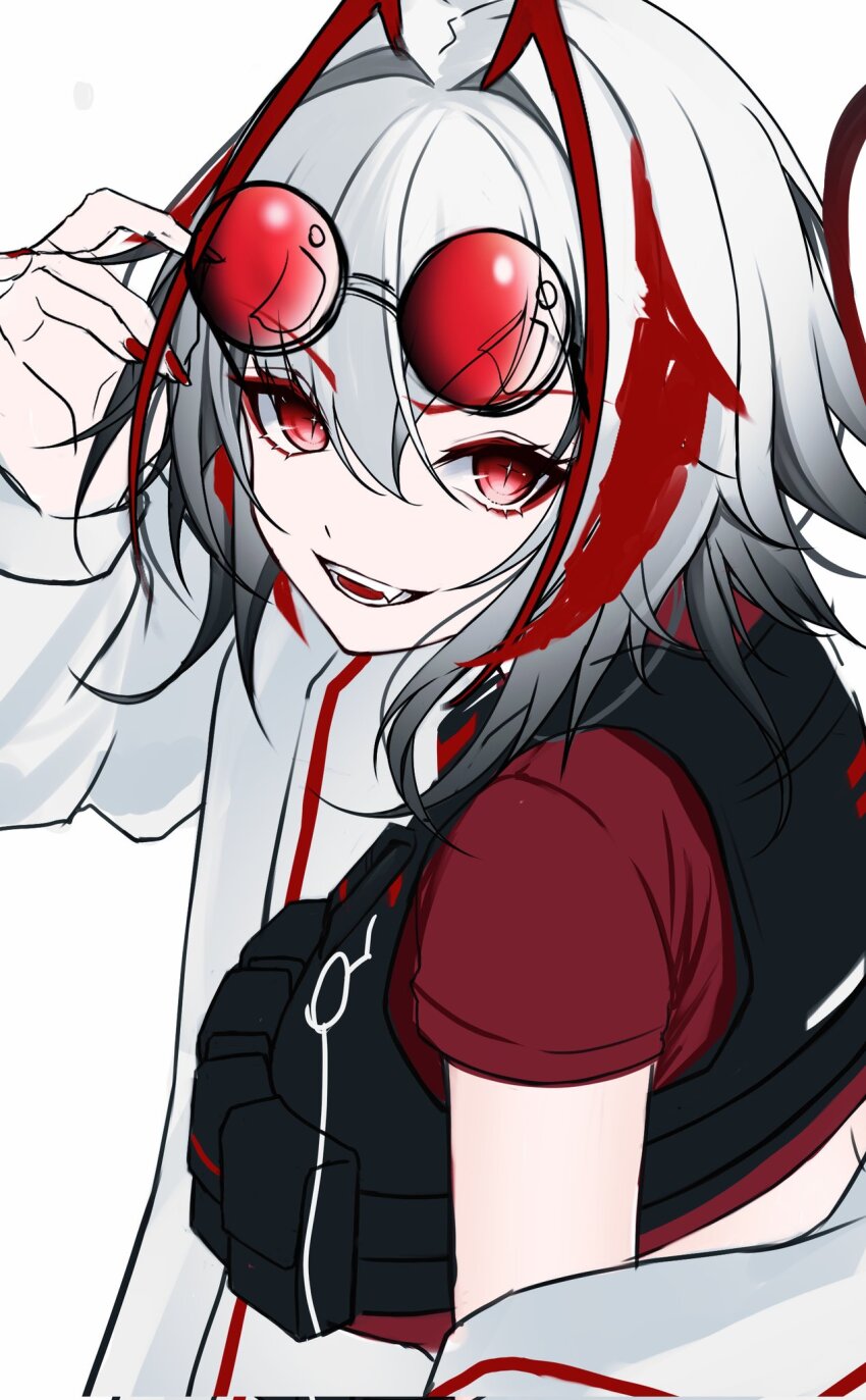 1girl antenna_hair arknights arm_up commentary_request corrupted_twitter_file eyewear_on_head fingernails gradient_hair grey_hair hair_between_eyes highres looking_at_viewer multicolored_hair myb52 nail_polish open_mouth red-tinted_eyewear red_eyes red_hair red_nails round_eyewear simple_background smile solo streaked_hair tinted_eyewear turning_head upper_body w_(arknights) white_background white_hair