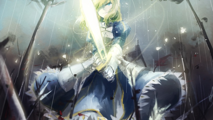 1girl ahoge armor armored_dress artoria_pendragon_(fate) bad_id bad_pixiv_id blonde_hair domik dress excalibur_(fate/stay_night) fate/stay_night fate_(series) female_focus glowing glowing_sword glowing_weapon highres saber_(fate) solo sword weapon