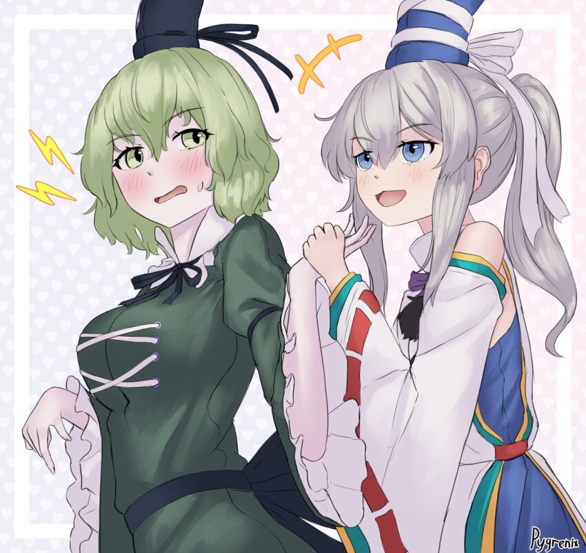 2girls :3 :d black_hat blue_eyes blue_hat blush commentary dress green_dress green_eyes green_hair grey_hair hat heart heart_background holding_hands japanese_clothes kariginu long_sleeves looking_at_viewer medium_hair mononobe_no_futo multiple_girls open_mouth pom_pom_(clothes) ponytail pygrenix ribbon-trimmed_sleeves ribbon_trim short_hair signature smile soga_no_tojiko tate_eboshi touhou upper_body wide_sleeves