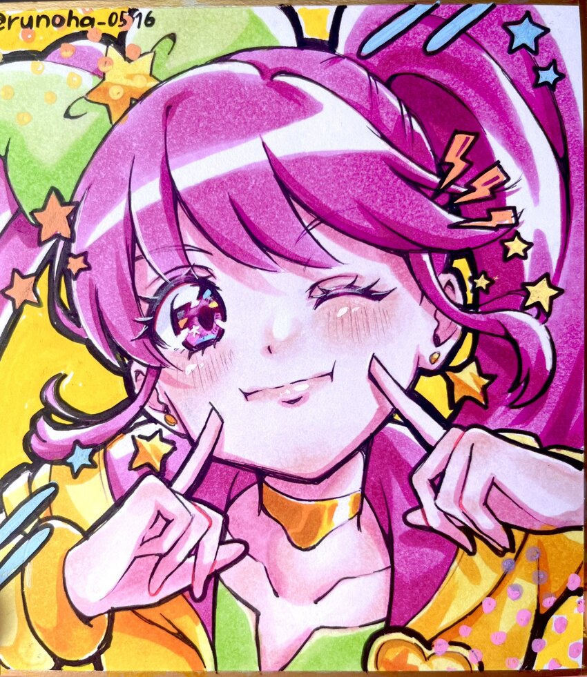 1girl aino_megumi bow cheek_poking choker closed_mouth collarbone cure_lovely cure_lovely_(lollipop_hip_hop) dot_nose earrings eyelashes eyeshadow finger_to_cheek green_bow green_shirt hair_bow hair_ornament halftone happinesscharge_precure! happy highres hip_hop hood hood_down hooded_jacket jacket jewelry light_blush lightning_bolt_symbol lipstick long_hair long_sleeves magical_girl makeup official_alternate_costume one_eye_closed open_clothes open_jacket pink_eyeshadow pink_hair pink_lips poking precure puffy_long_sleeves puffy_sleeves runoha_0516 shirt smile solo star_(symbol) star_earrings star_hair_ornament tareme twintails twitter_username upper_body yellow_background yellow_choker yellow_jacket