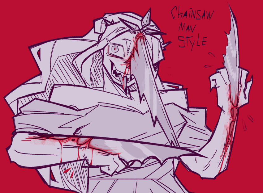 0xeyedaisy 1girl arm_blade bare_shoulders blood blood_on_face bloody_weapon chainsaw_man cosplay crazy_eyes cropped_legs denji_(chainsaw_man) denji_(chainsaw_man)_(cosplay) dress english_text evil_eyes greyscale highres jagged_sword long_hair looking_at_viewer monochrome open_mouth princess princess_(slay_the_princess) red_background sharp_teeth simple_background slay_the_princess smile solo teeth the_razor_(slay_the_princess) tongue tongue_out upper_body weapon wrist_blades