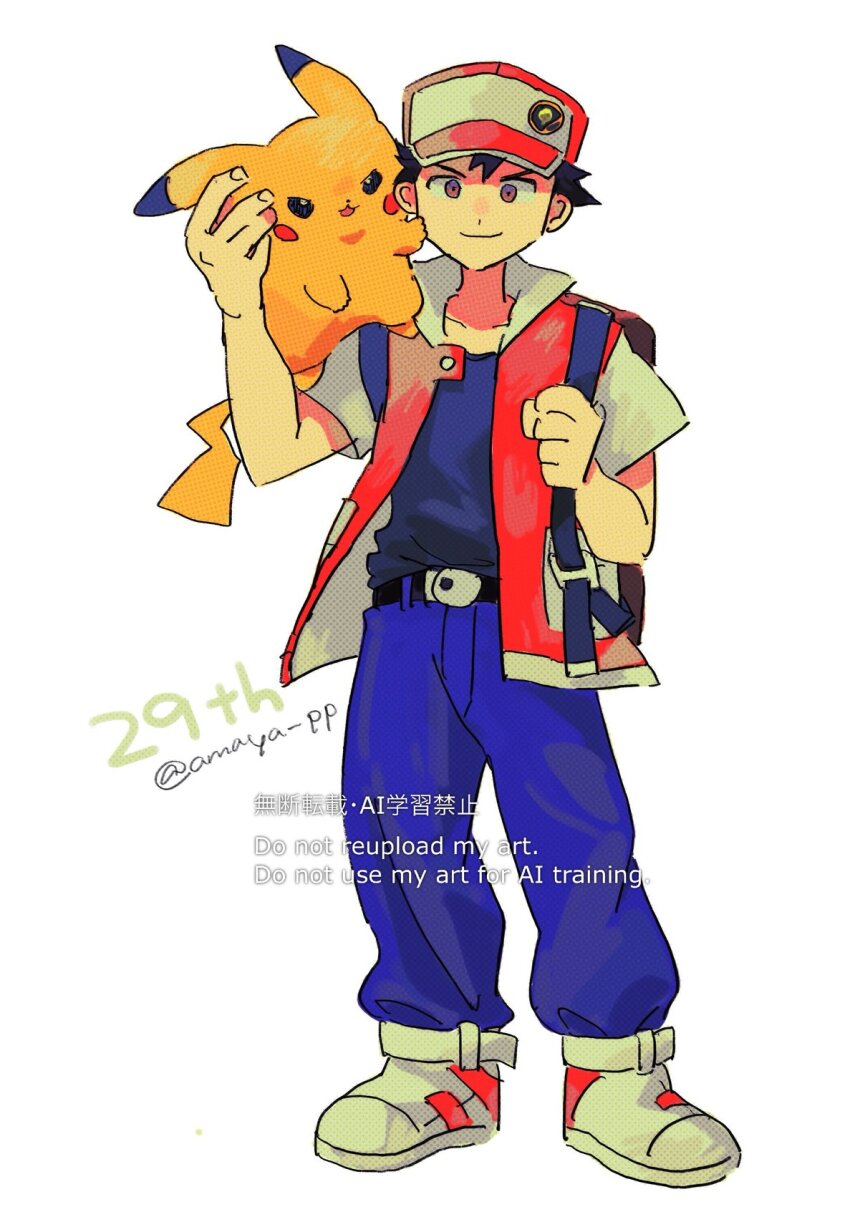 1boy amaya_uw anniversary backpack bag belt belt_buckle black_belt black_hair black_shirt blue_pants brown_bag brown_eyes buckle closed_mouth commentary gen_1_pokemon hat highres jacket male_focus nintendo open_clothes open_jacket pants pikachu pokemon pokemon_on_arm pokemon_rgby red_(pokemon) red_hat red_jacket shirt shoes short_hair smile standing twitter_username watermark