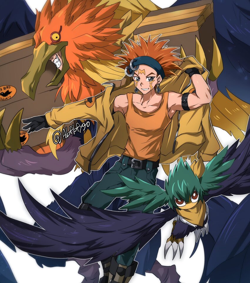 2boys abfbfygo beak bird bird_mask black_gloves black_wings blackwing_bora_the_spear blackwing_gale_the_whirlwind blue_pants boots crow_hogan duel_monster earrings facial_mark feathered_wings gloves highres jacket jewelry male_focus mask medium_hair multiple_boys orange_hair pants smile spiked_hair tank_top twitter_username white_background wings yellow_jacket yellow_tank_top yu-gi-oh! yu-gi-oh!_5d&#039;s