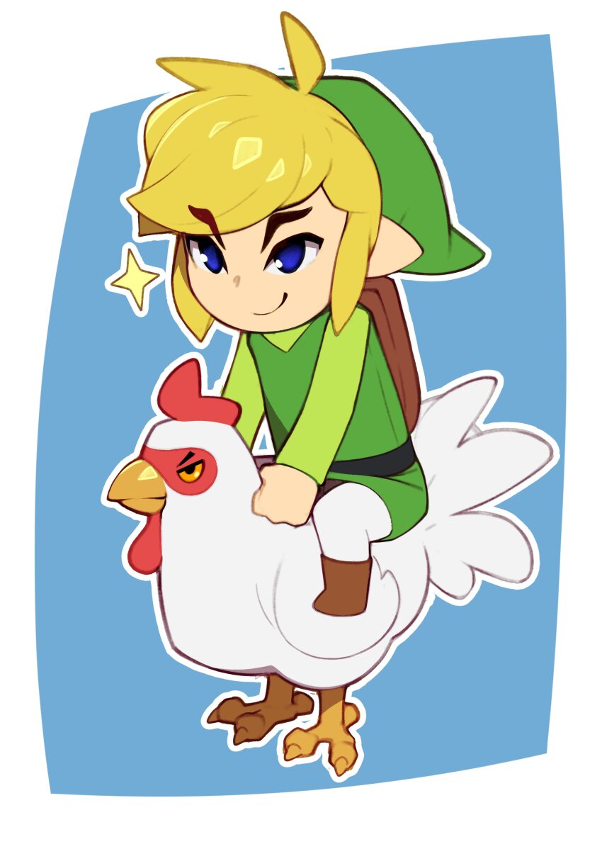 1boy absurdres belt bird black_belt blonde_hair blue_eyes boots brown_boots chicken combos_&amp;_doodles cucco green_hat green_shirt green_tunic hat highres link nintendo pants pointy_ears riding riding_animal shirt sitting sparkle the_legend_of_zelda the_legend_of_zelda:_the_wind_waker toon_link tunic white_pants