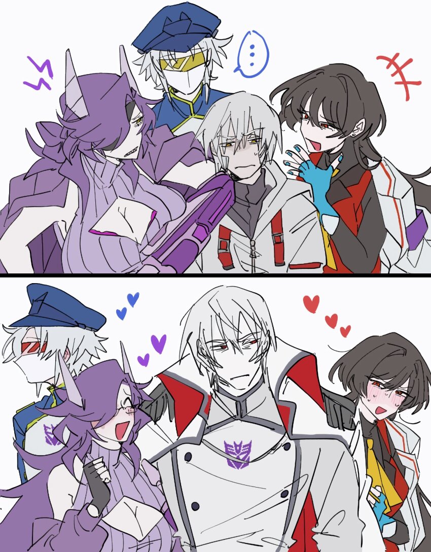 1boy 580aoi aged_up belt blush breasts decepticon genderswap genderswap_(mtf) glasses glowing glowing_eyes hat highres insignia looking_at_viewer megatron open_mouth red_eyes shockwave_(transformers) smile soundwave_(transformers) starscream transformers transformers_one
