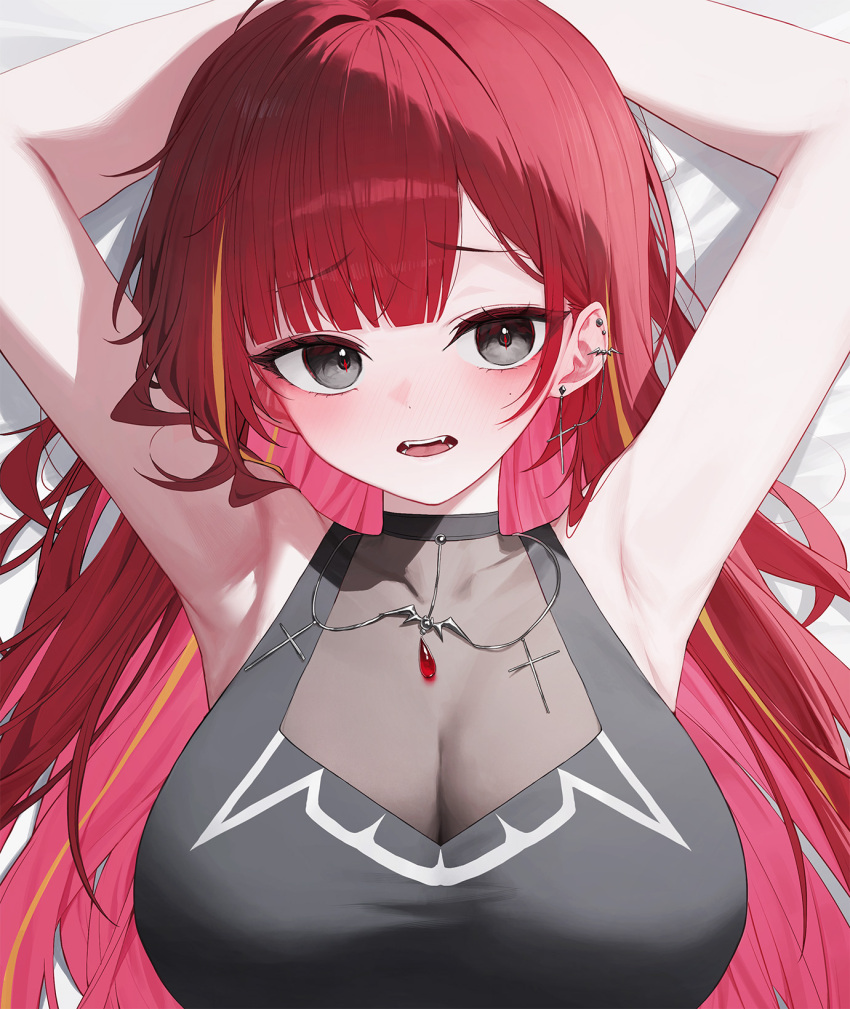 1girl akane_lize armpits arms_behind_head arms_up bare_arms bare_shoulders black_eyes black_shirt blunt_bangs breasts covered_collarbone ear_piercing earrings fangs hashtag-only_commentary highres huhi_(huhi_1211) jewelry large_breasts lying multicolored_hair necklace on_back open_mouth piercing red_hair see-through_cleavage see-through_clothes shirt sleeveless sleeveless_shirt solo stellive streaked_hair virtual_youtuber