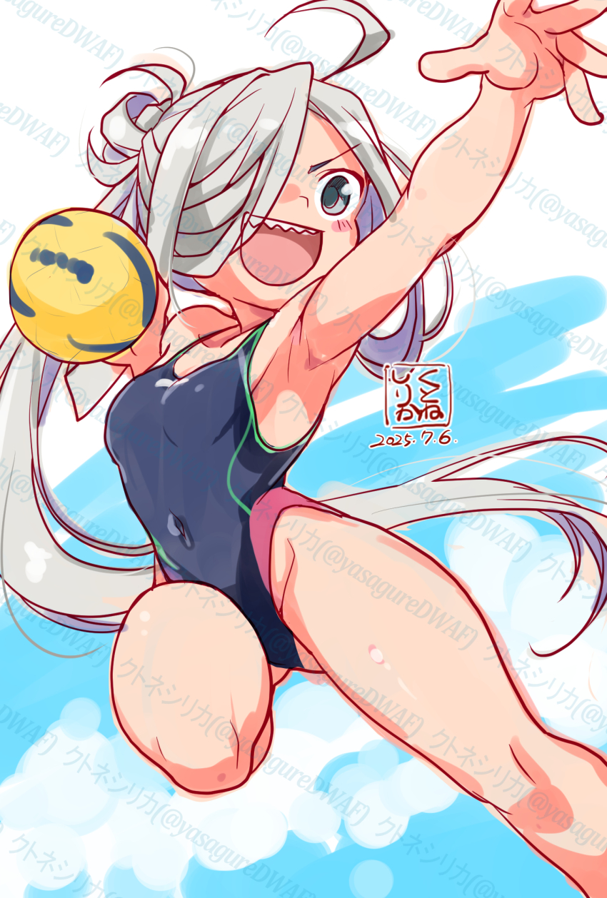 1girl ahoge artist_logo asashimo_(kancolle) ball black_one-piece_swimsuit breasts covered_navel dated feet_out_of_frame grey_eyes grey_hair hair_over_one_eye highleg highleg_one-piece_swimsuit highres kantai_collection kutone_shirika logo multicolored_swimsuit one-piece_swimsuit open_mouth ponytail sharp_teeth small_breasts smile solo swimsuit teeth throwing