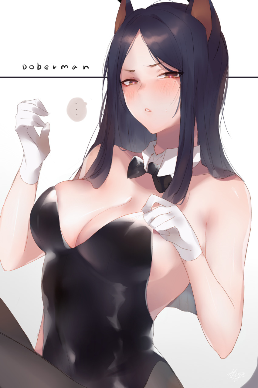 1girl absurdres allze alternate_costume animal_ears arknights bare_arms bare_shoulders black_hair black_pantyhose blush bow bowtie dobermann_(arknights) dog_ears dog_girl gloves highres leotard long_hair looking_at_viewer nontraditional_playboy_bunny off_shoulder orange_eyes pantyhose playboy_bunny ribbon simple_background solo teeth upper_teeth_only white_background white_gloves