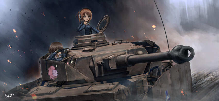 2girls absurdres akiyama_yukari anglerfish artist_name binoculars black_gloves blue_jacket brown_eyes brown_hair chinese_commentary closed_mouth commentary commentary_request day embers emblem english_commentary explosion fish girls_und_panzer gloves hand_on_own_neck headphones highres holding holding_binoculars jacket kk90 long_sleeves military_uniform military_vehicle mixed-language_commentary motor_vehicle multiple_girls nishizumi_miho ooarai_(emblem) ooarai_military_uniform open_mouth outdoors panzer_iv short_hair signature smoke tank throat_microphone undershirt