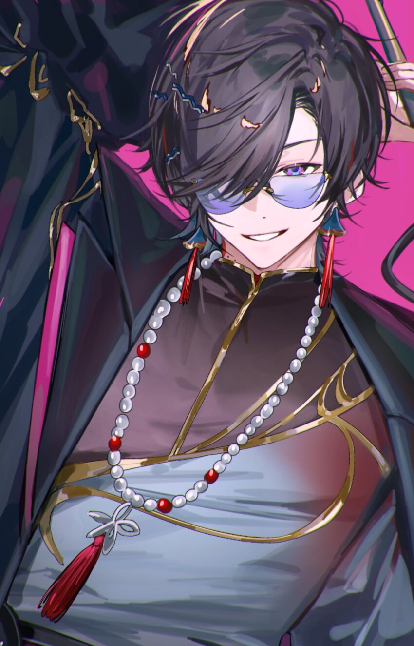 1boy bead_necklace beads black_hair glasses grin highres jewelry looking_at_viewer male_focus miroku_(butuzo33) necklace nijisanji one_eye_covered pink_background purple_eyes shikinagi_akira short_hair simple_background smile solo teeth virtual_youtuber